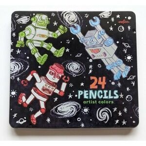 eeBoo 24 Colored Pencils Silver Robot Tin Artist Adult Kids Black Space Retro